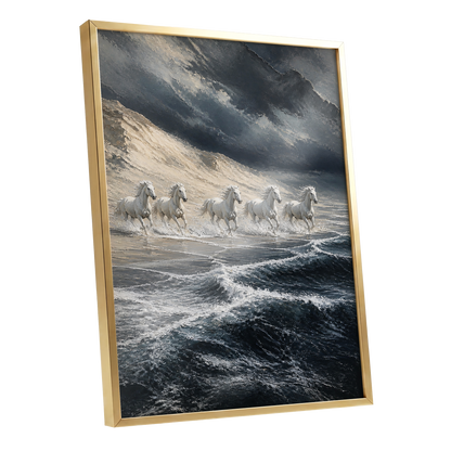 Stormbound Gallop, blue, gray, white nature wall art shown as a gold framed poster wall art print