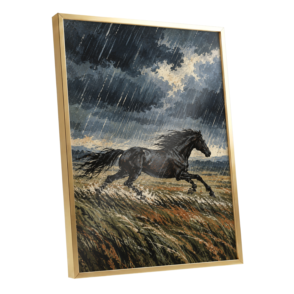 Stormbound Gallop, black, blue, gray nature wall art shown as a gold framed poster wall art print
