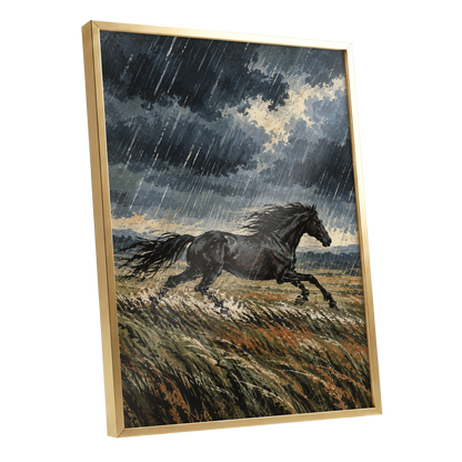 Stormbound Gallop, black, blue, gray nature wall art shown as a gold framed poster wall art print