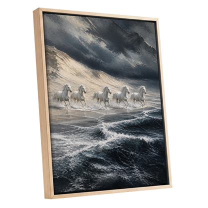 Stormbound Gallop, blue, gray, white nature wall art shown as a oak framed canvas wall art