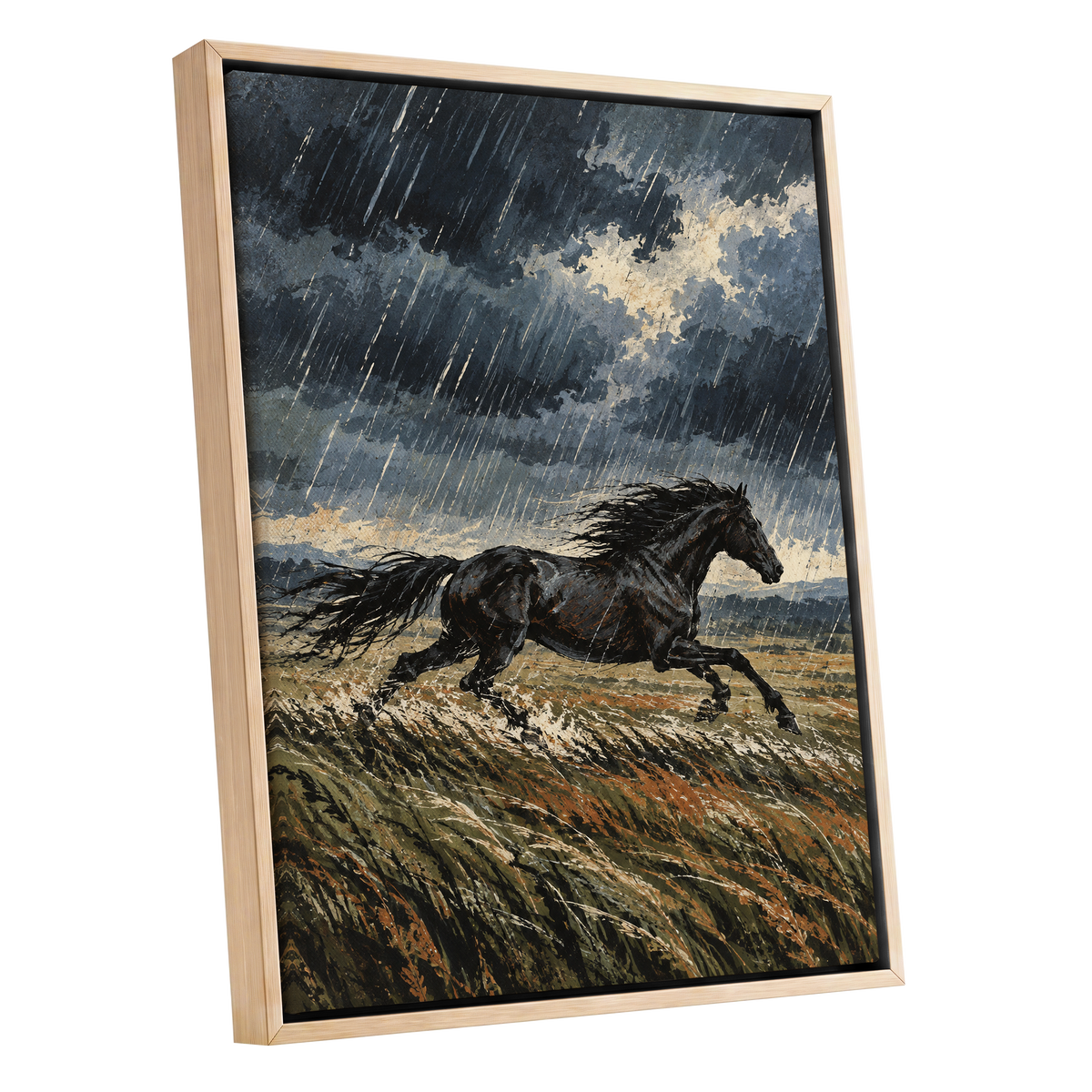Stormbound Gallop, black, blue, gray nature wall art shown as a oak framed canvas wall art