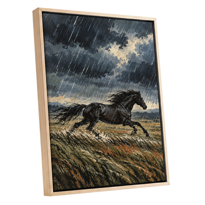 Stormbound Gallop, black, blue, gray nature wall art shown as a oak framed canvas wall art