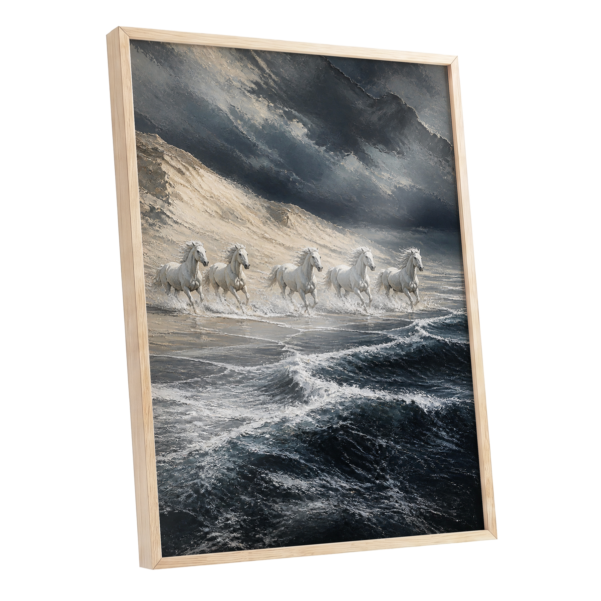 Stormbound Gallop, blue, gray, white nature wall art shown as a oak framed poster wall art print