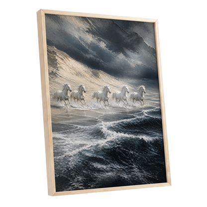 Stormbound Gallop, blue, gray, white nature wall art shown as a oak framed poster wall art print