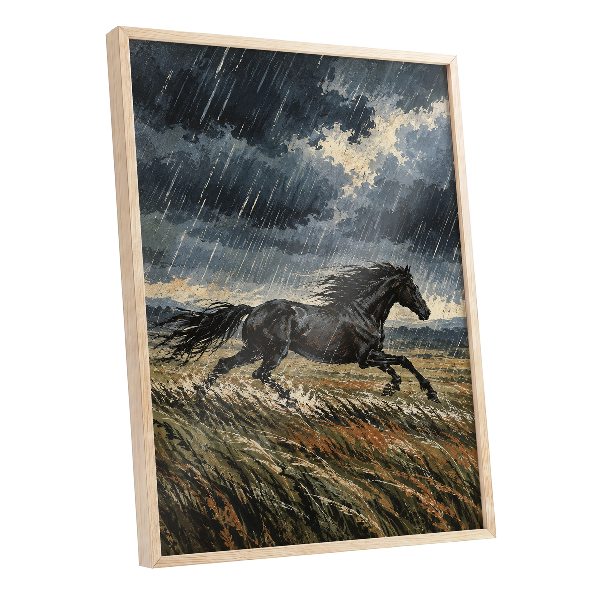 Stormbound Gallop, black, blue, gray nature wall art shown as a oak framed poster wall art print
