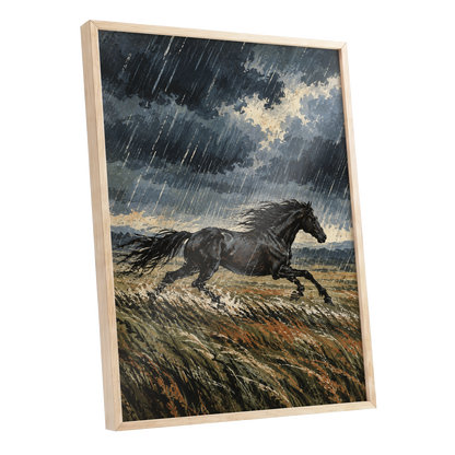 Stormbound Gallop, black, blue, gray nature wall art shown as a oak framed poster wall art print