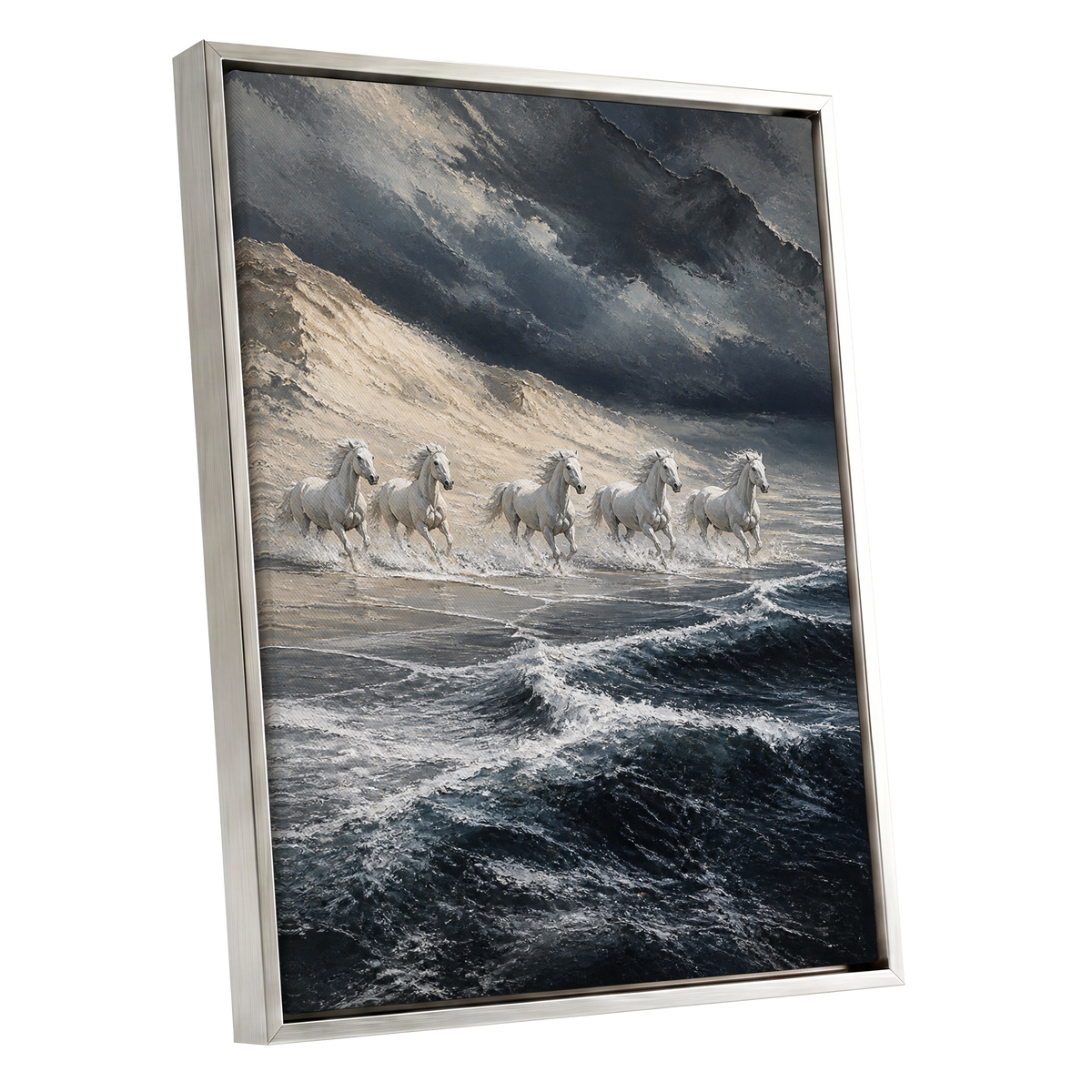 Stormbound Gallop, blue, gray, white nature wall art shown as a silver framed canvas wall art