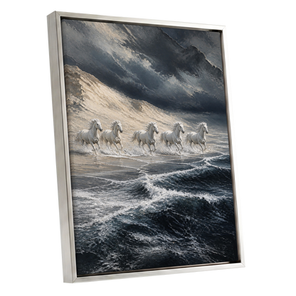 Stormbound Gallop, blue, gray, white nature wall art shown as a silver framed canvas wall art
