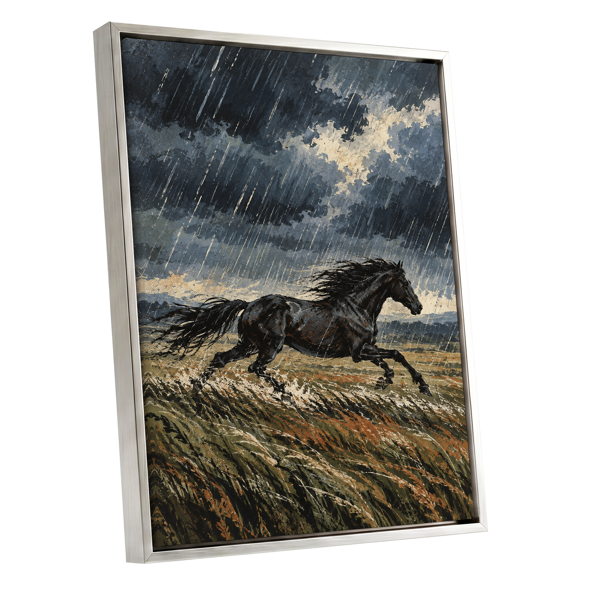 Stormbound Gallop, black, blue, gray nature wall art shown as a silver framed canvas wall art