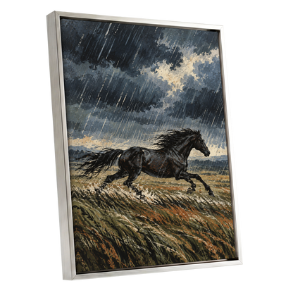 Stormbound Gallop, black, blue, gray nature wall art shown as a silver framed canvas wall art