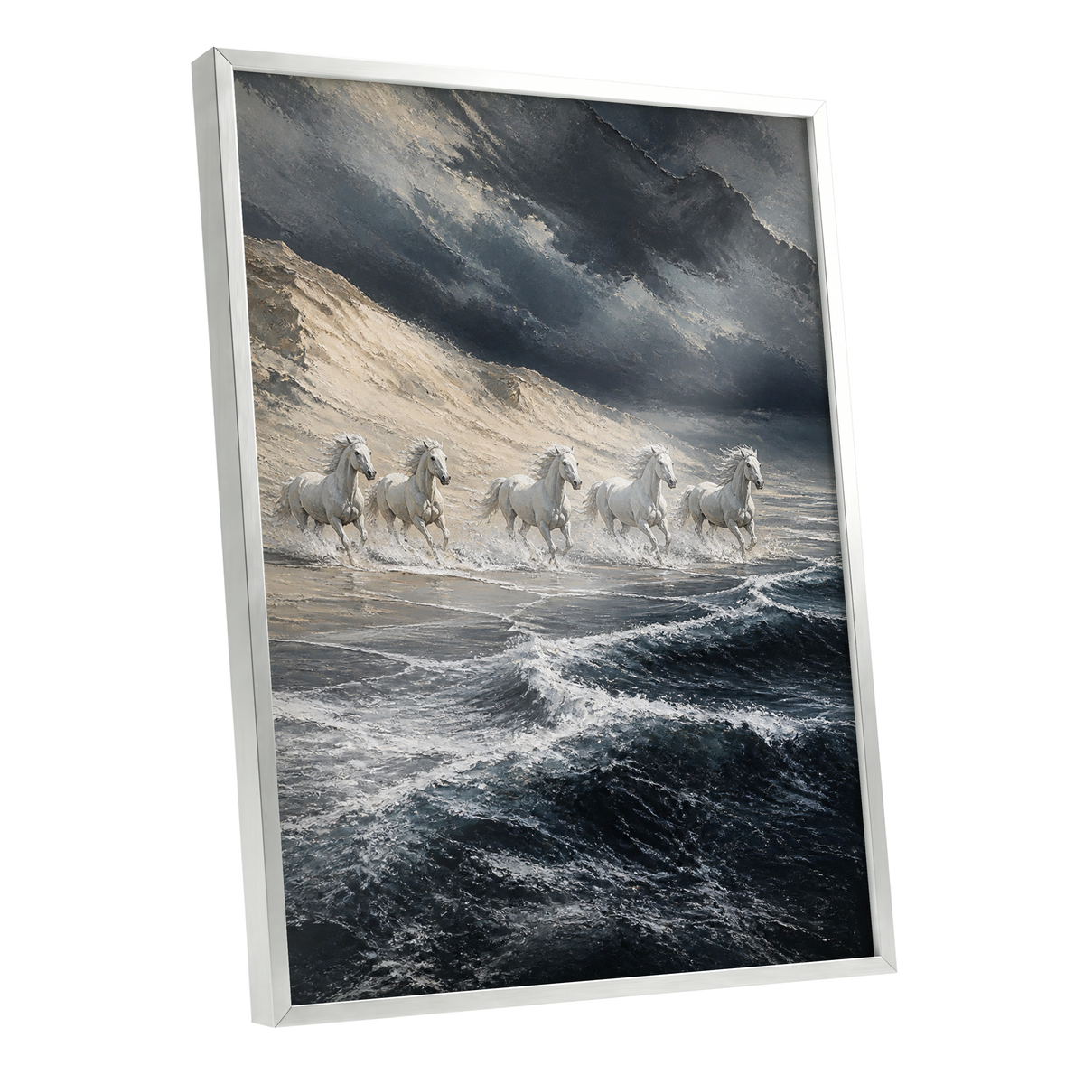 Stormbound Gallop, blue, gray, white nature wall art shown as a silver framed poster wall art print