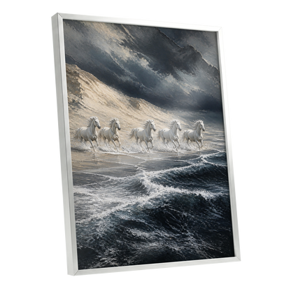 Stormbound Gallop, blue, gray, white nature wall art shown as a silver framed poster wall art print