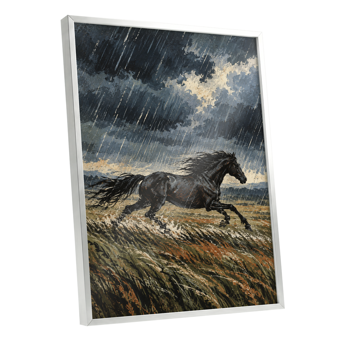 Stormbound Gallop, black, blue, gray nature wall art shown as a silver framed poster wall art print
