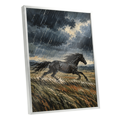 Stormbound Gallop, black, blue, gray nature wall art shown as a silver framed poster wall art print