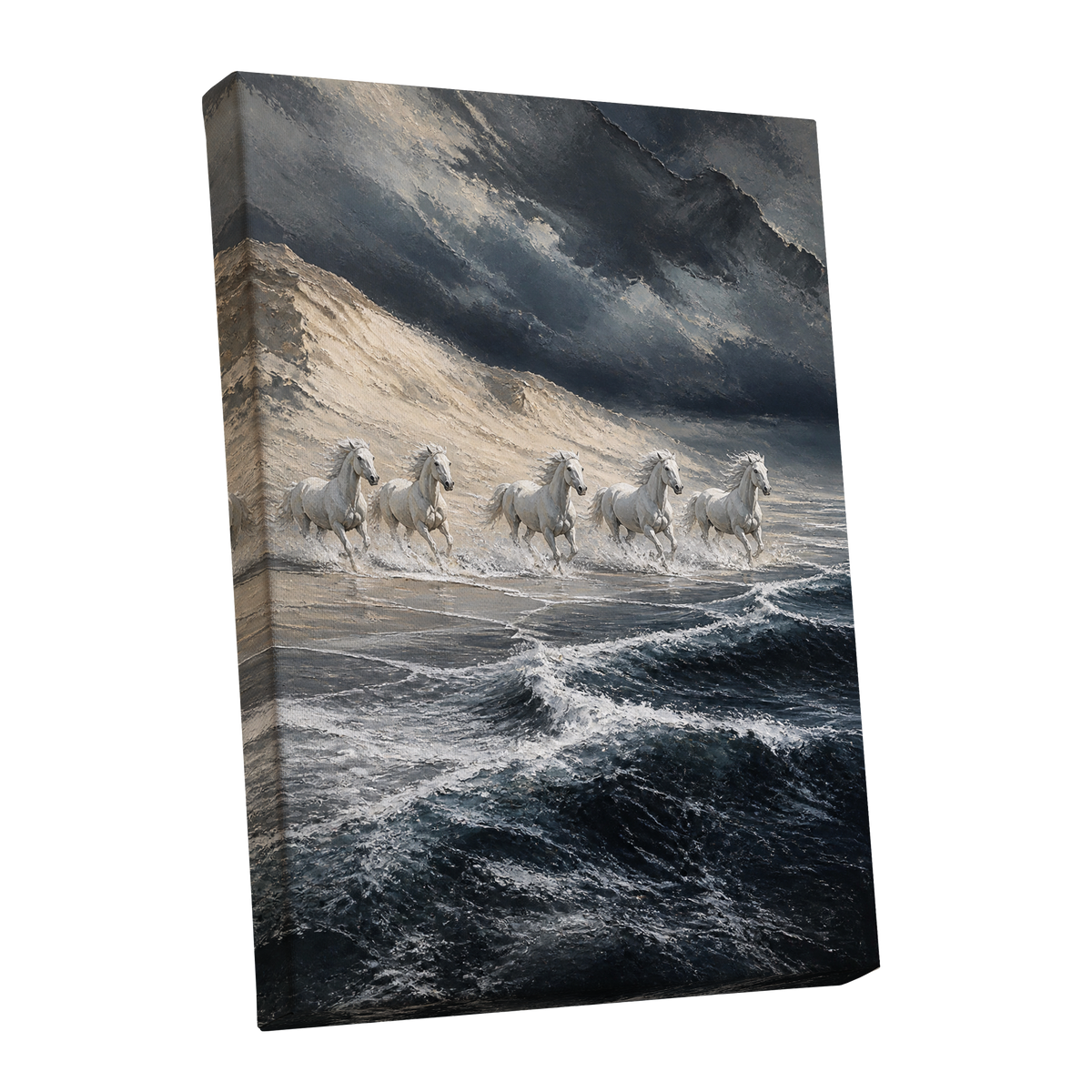 Stormbound Gallop, blue, gray, white nature wall art shown as a stretched canvas wall art