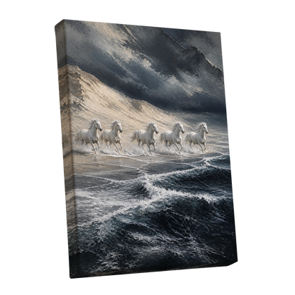 Stormbound Gallop, blue, gray, white nature wall art shown as a stretched canvas wall art