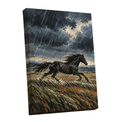 Stormbound Gallop, black, blue, gray nature wall art shown as a stretched canvas wall art