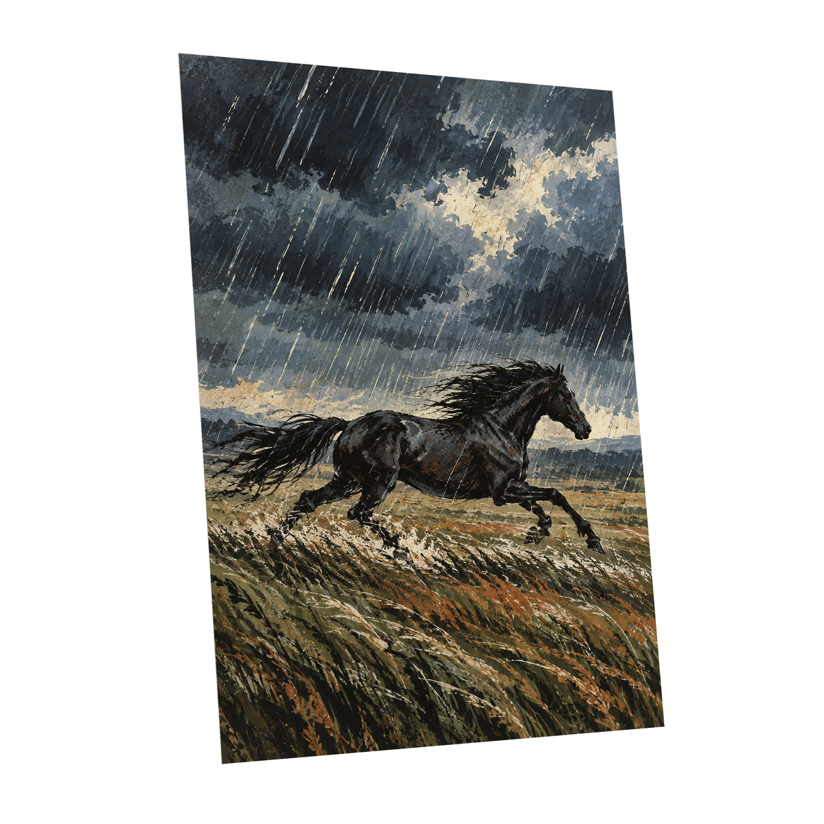 Stormbound Gallop, black, blue, gray nature wall art shown as a unframed poster wall art print