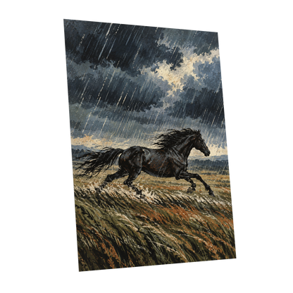 Stormbound Gallop, black, blue, gray nature wall art shown as a unframed poster wall art print