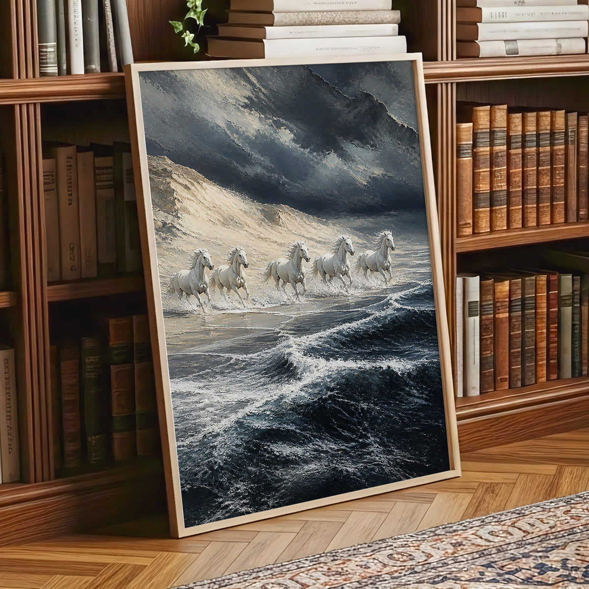 Stormbound Gallop, blue, gray, white nature wall art displayed in a styled interior, gallery view 1