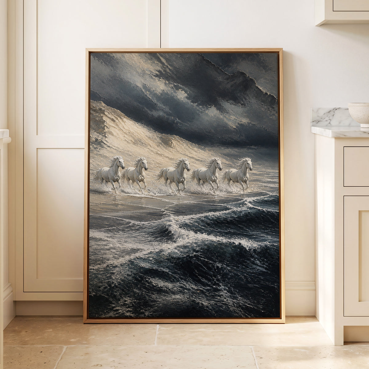 Stormbound Gallop, blue, gray, white nature wall art displayed in a styled interior, gallery view 2