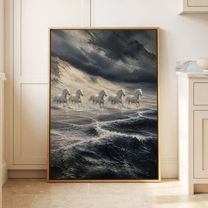 Stormbound Gallop, blue, gray, white nature wall art displayed in a styled interior, gallery view 2