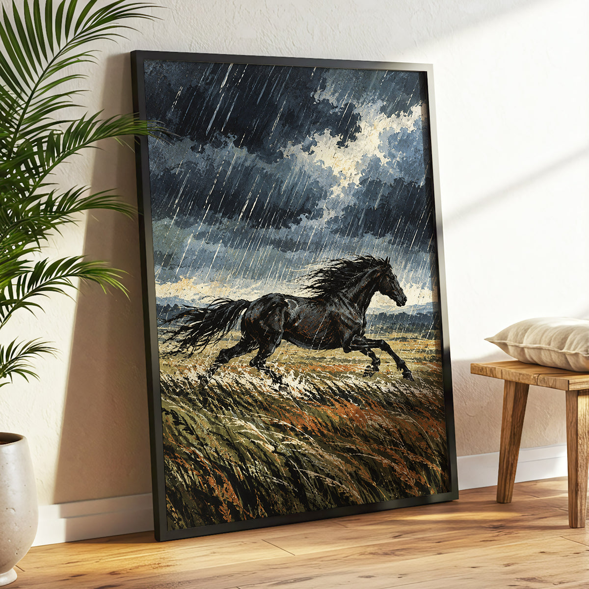 Stormbound Gallop, black, blue, gray nature wall art displayed in a styled interior, gallery view 2