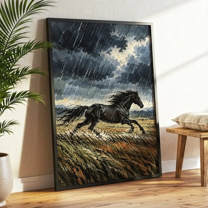 Stormbound Gallop, black, blue, gray nature wall art displayed in a styled interior, gallery view 2