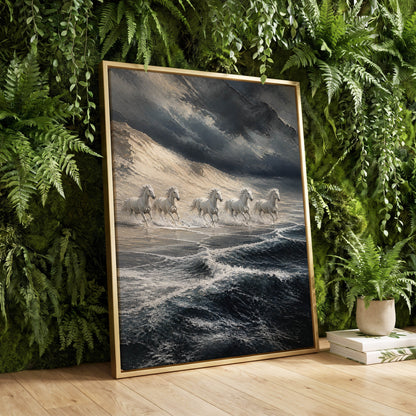 Stormbound Gallop, blue, gray, white nature wall art displayed in a styled interior, gallery view 3