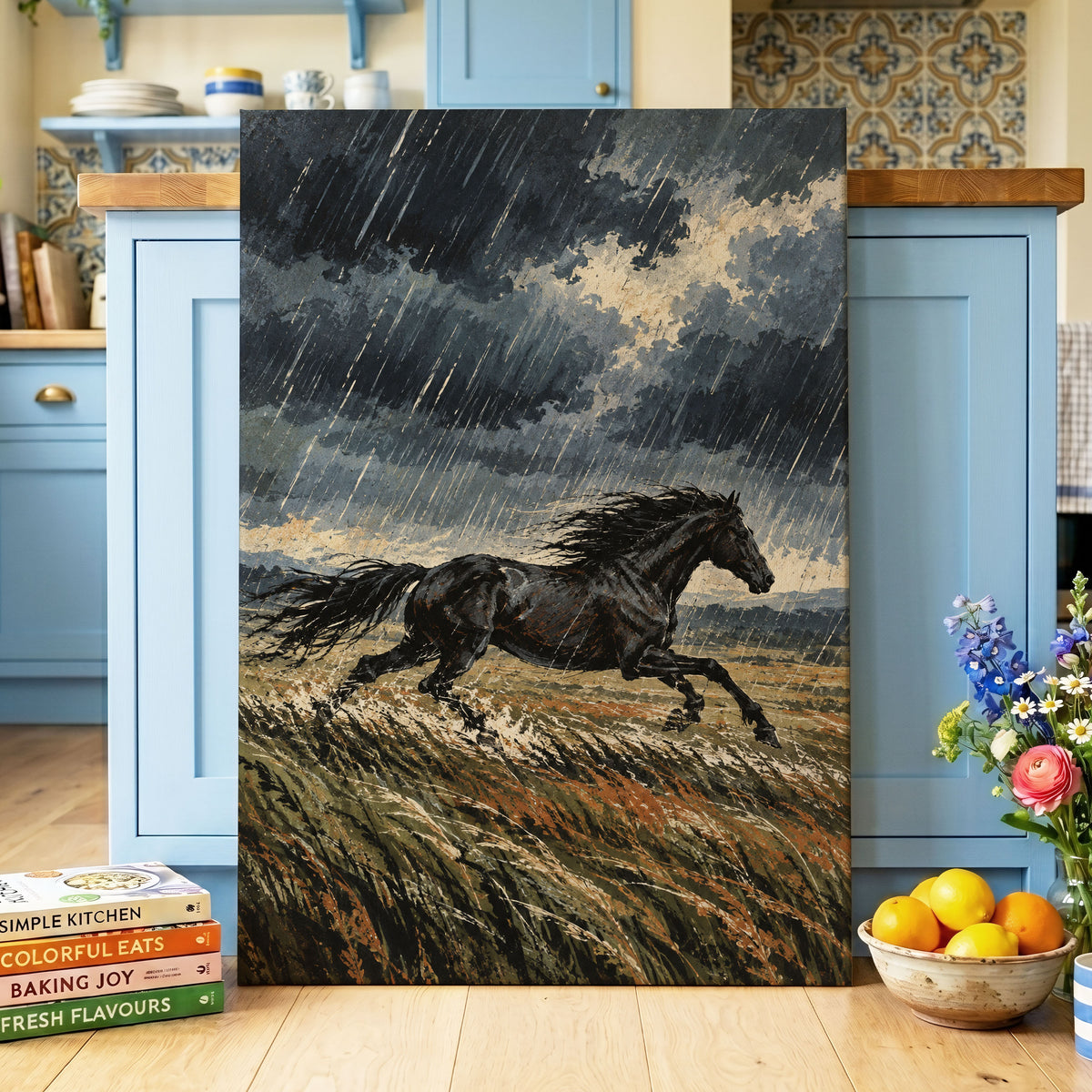 Stormbound Gallop, black, blue, gray nature wall art displayed in a styled interior, gallery view 3