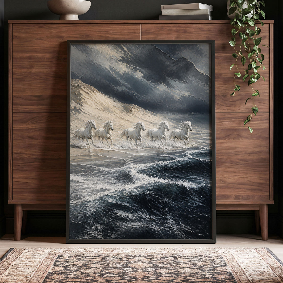 Stormbound Gallop, blue, gray, white nature wall art displayed in a styled interior, gallery view 5