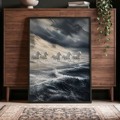 Stormbound Gallop, blue, gray, white nature wall art displayed in a styled interior, gallery view 5