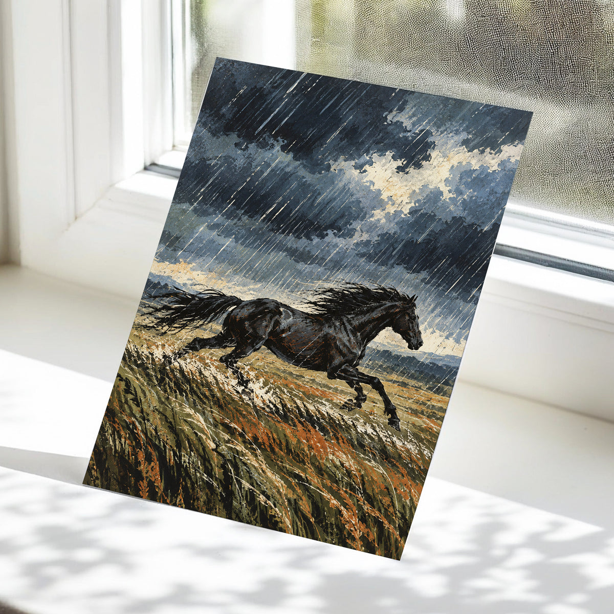 Stormbound Gallop, black, blue, gray nature wall art displayed in a styled interior, gallery view 5