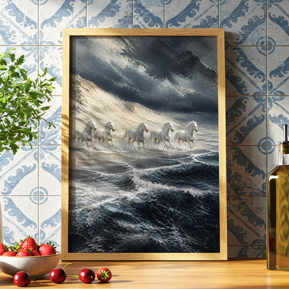 Stormbound Gallop, blue, gray, white nature wall art displayed in a styled interior, gallery view 6