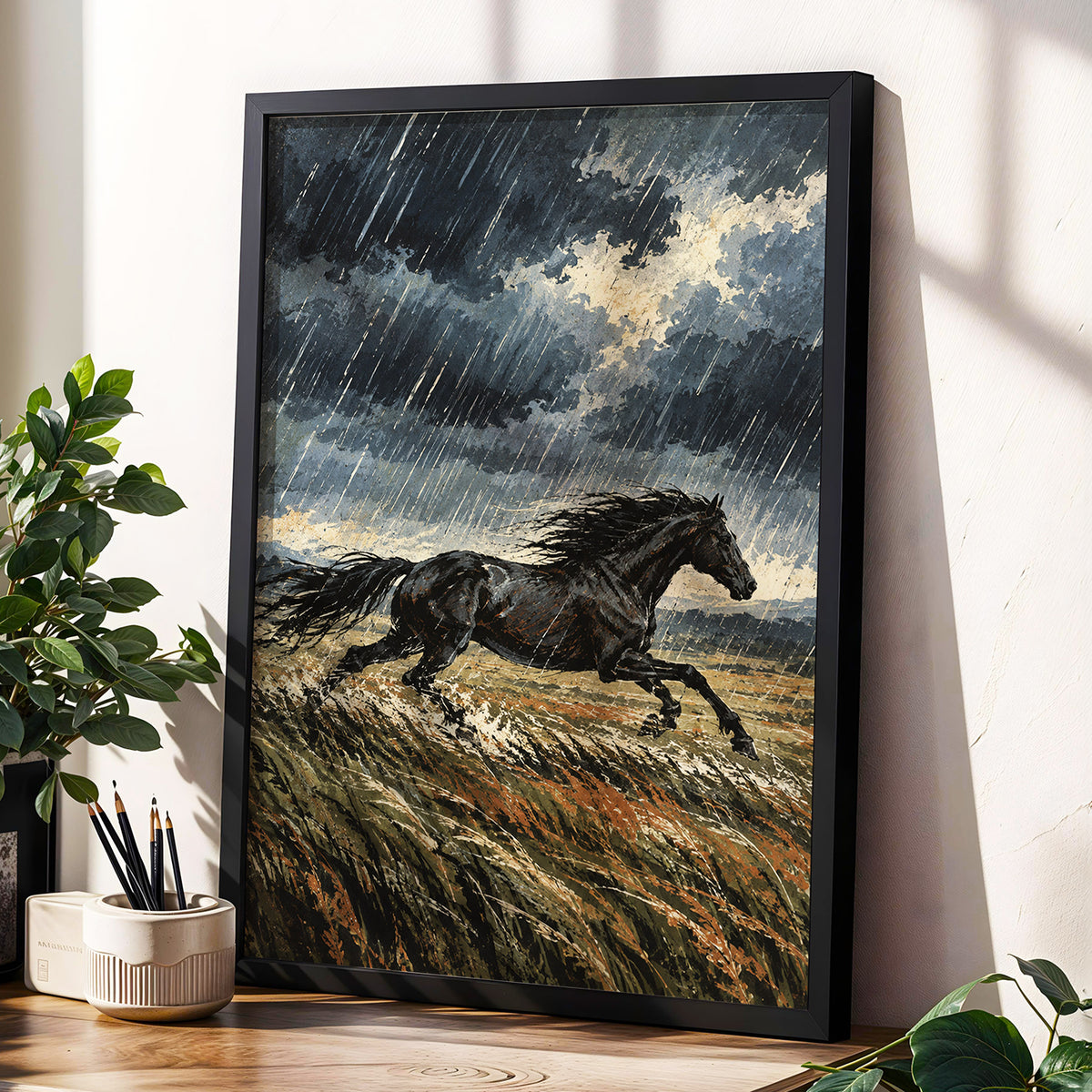 Stormbound Gallop, black, blue, gray nature wall art displayed in a styled interior, gallery view 6