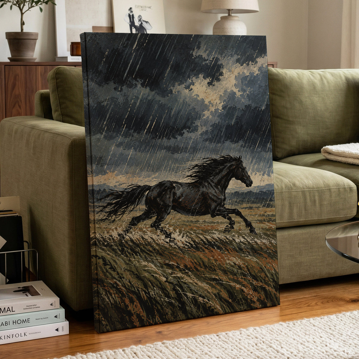 Stormbound Gallop, black, blue, gray nature wall art displayed in a styled interior, gallery view 7