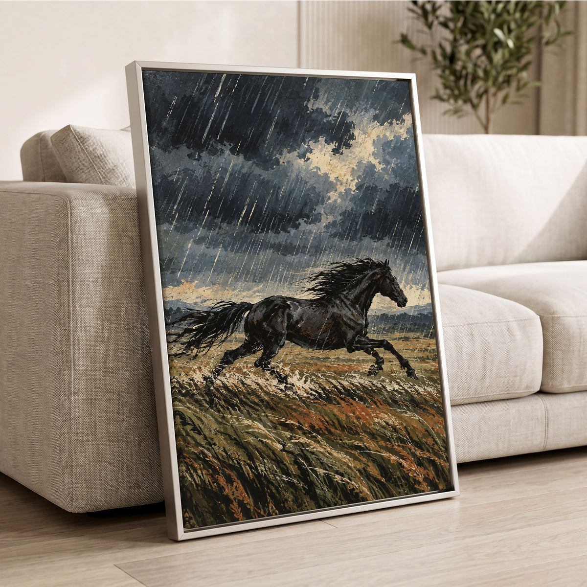 Stormbound Gallop, black, blue, gray nature wall art displayed in a styled interior, gallery view 8