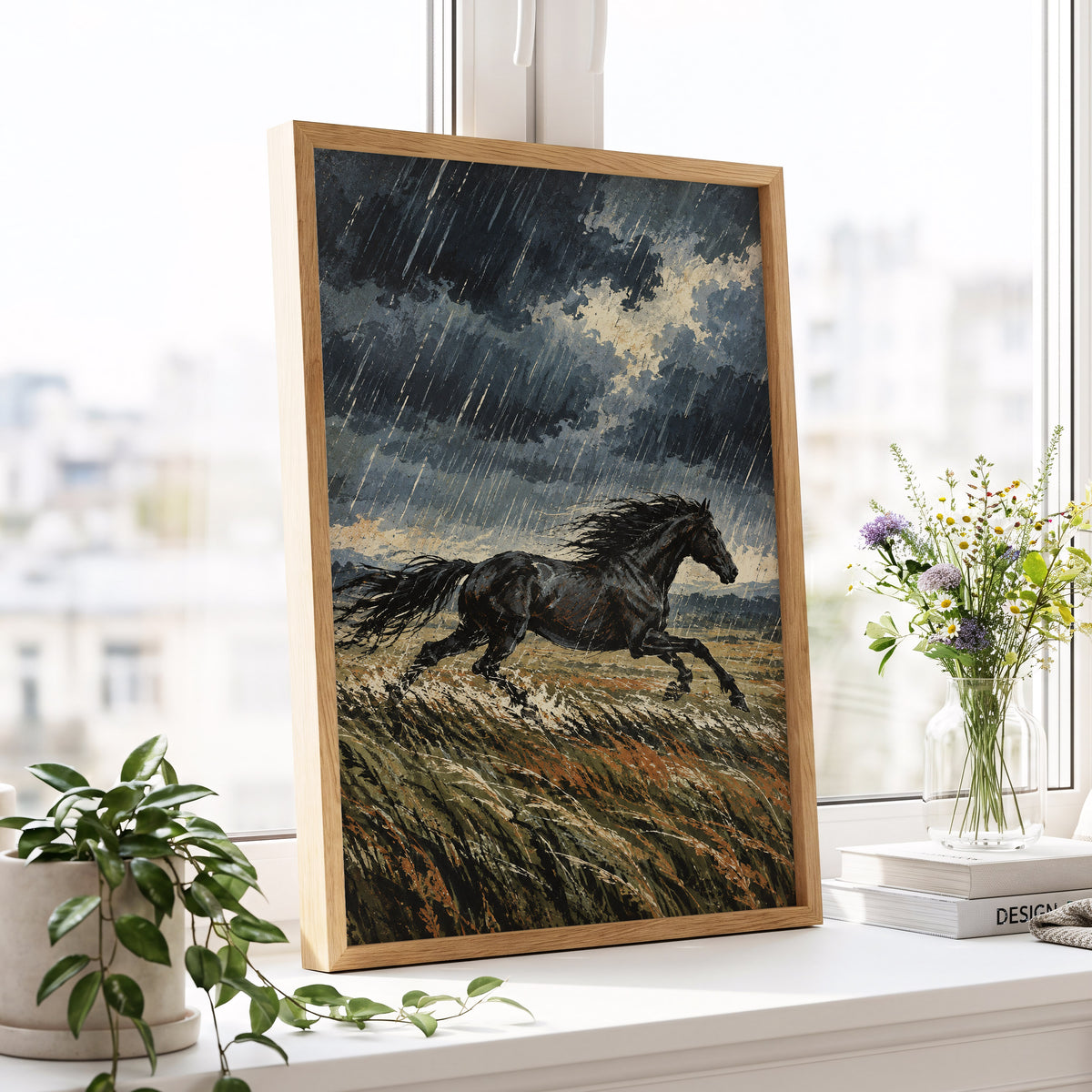 Stormbound Gallop, black, blue, gray nature wall art displayed in a styled interior, gallery view 9