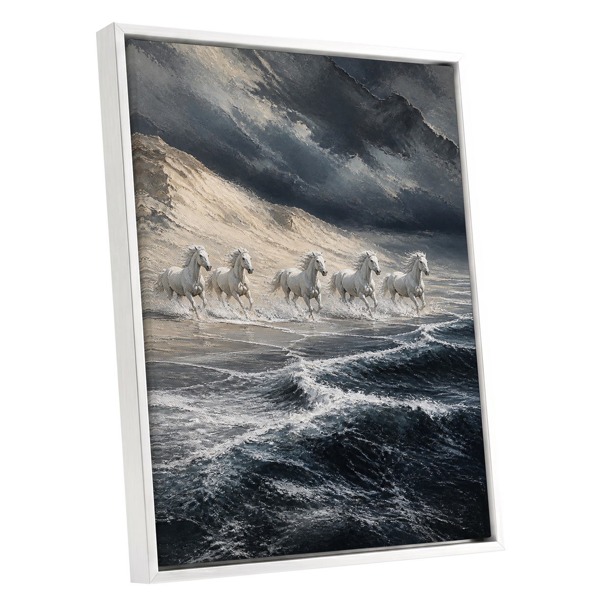 Stormbound Gallop, blue, gray, white nature wall art shown as a white framed canvas wall art