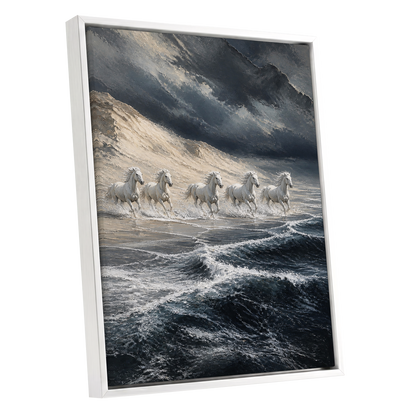 Stormbound Gallop, blue, gray, white nature wall art shown as a white framed canvas wall art
