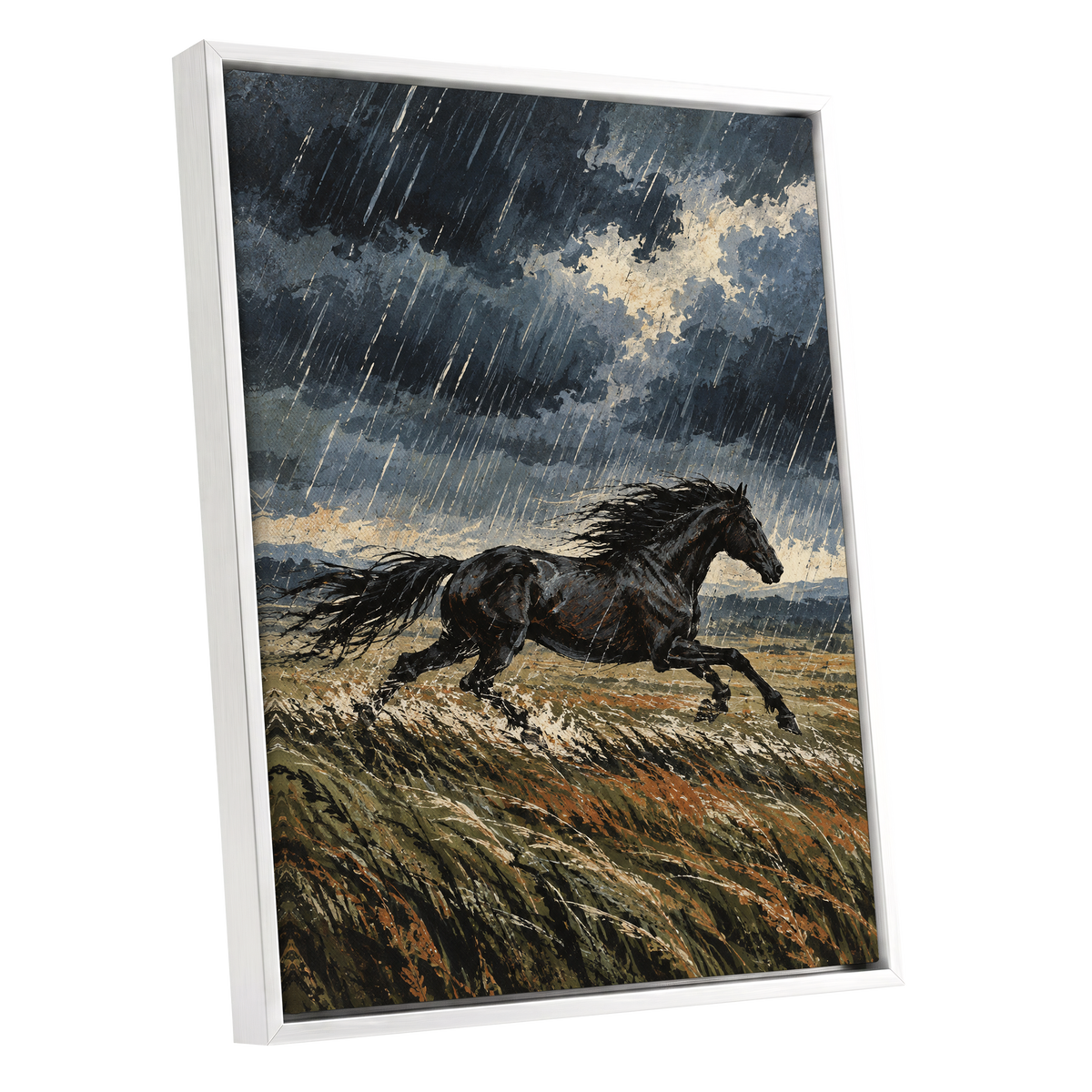 Stormbound Gallop, black, blue, gray nature wall art shown as a white framed canvas wall art