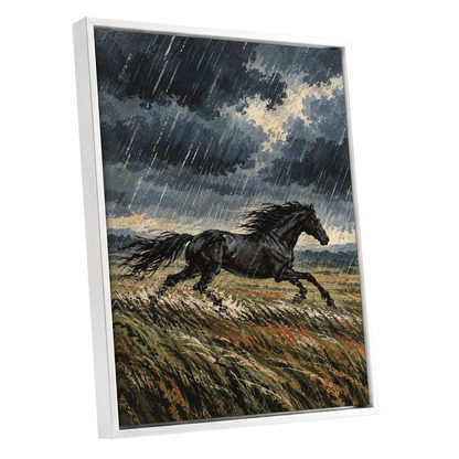Stormbound Gallop, black, blue, gray nature wall art shown as a white framed canvas wall art