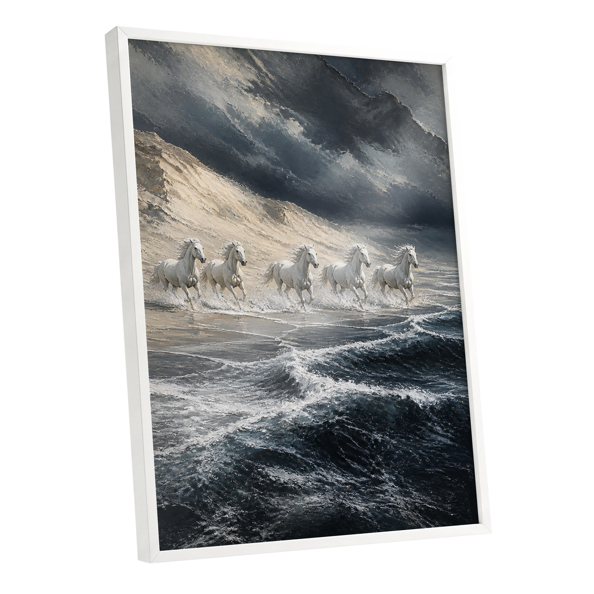 Stormbound Gallop, blue, gray, white nature wall art shown as a white framed poster wall art print