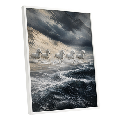 Stormbound Gallop, blue, gray, white nature wall art shown as a white framed poster wall art print