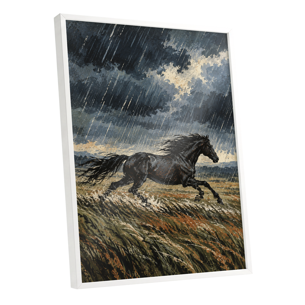Stormbound Gallop, black, blue, gray nature wall art shown as a white framed poster wall art print
