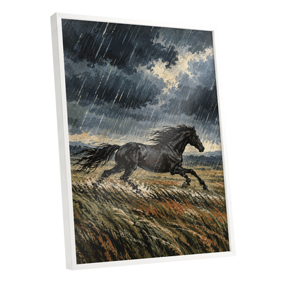 Stormbound Gallop, black, blue, gray nature wall art shown as a white framed poster wall art print