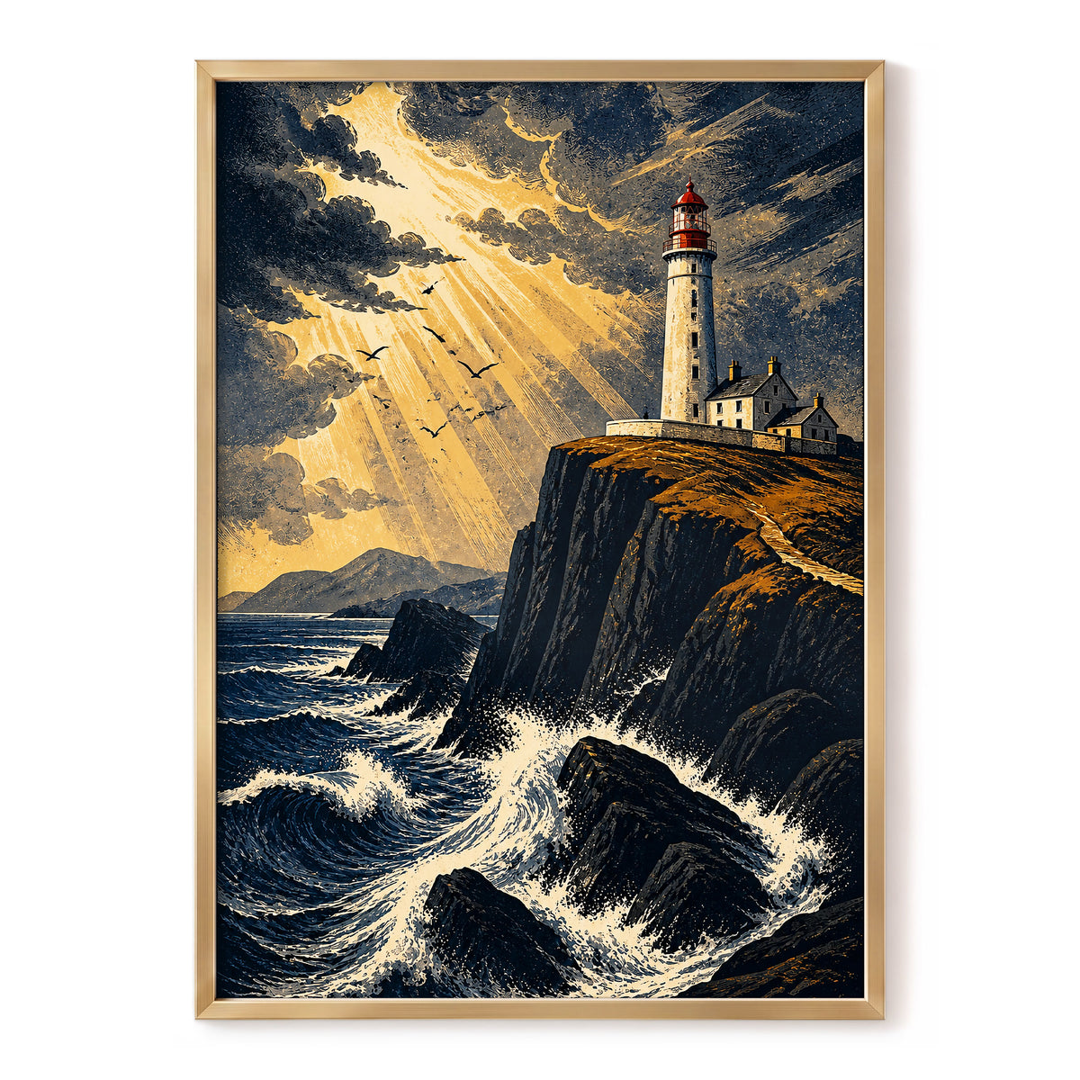 Stormlight Beacon, blue, black, gold nature wall art, front artwork view