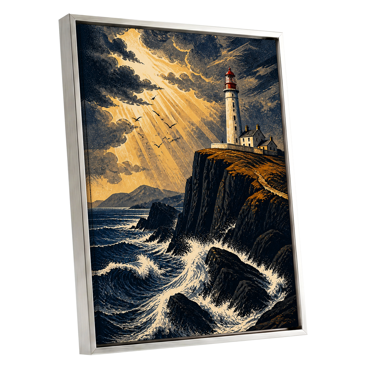 Stormlight Beacon, blue, black, gold nature wall art shown as a silver framed canvas wall art