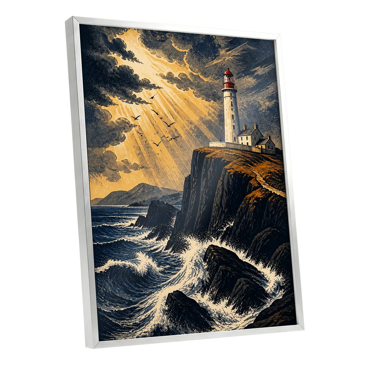 Stormlight Beacon, blue, black, gold nature wall art shown as a silver framed poster wall art print