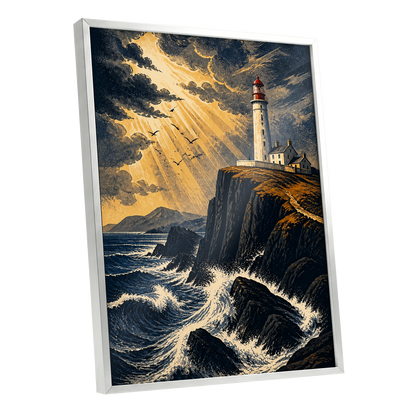 Stormlight Beacon, blue, black, gold nature wall art shown as a silver framed poster wall art print